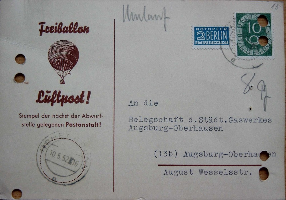 Luftgruß von Bord des Freiballons Kornbrannt Münster XIII von 1952 Vorderseite