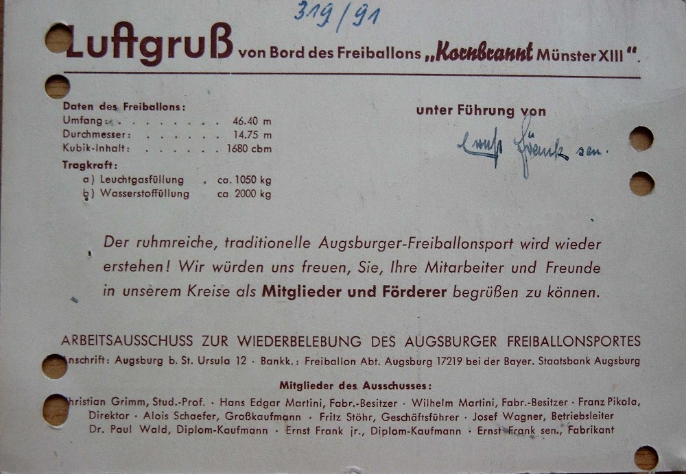 Luftgruß von Bord des Freiballons Kornbrannt Münster XIII von 1952 Rückseite