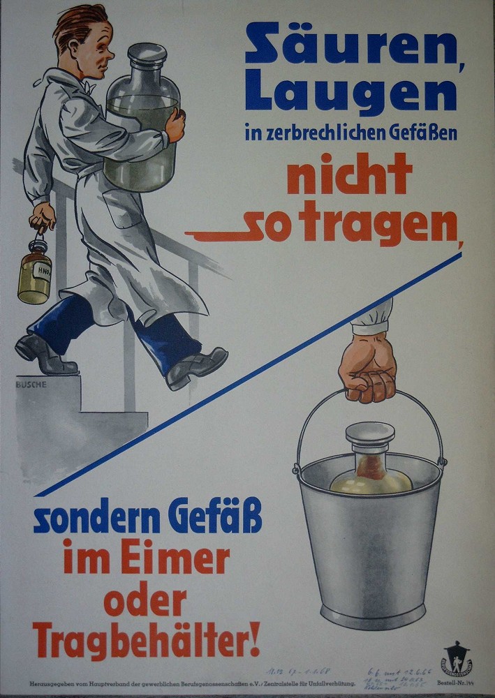 Säuren, Laugen in zerbrechlichen Gefäßen nicht so tragen, sondern Gefäß im Eimer oder Tragbehälter!